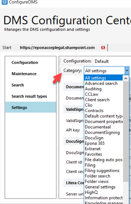 DMS Configuration Settings Categories