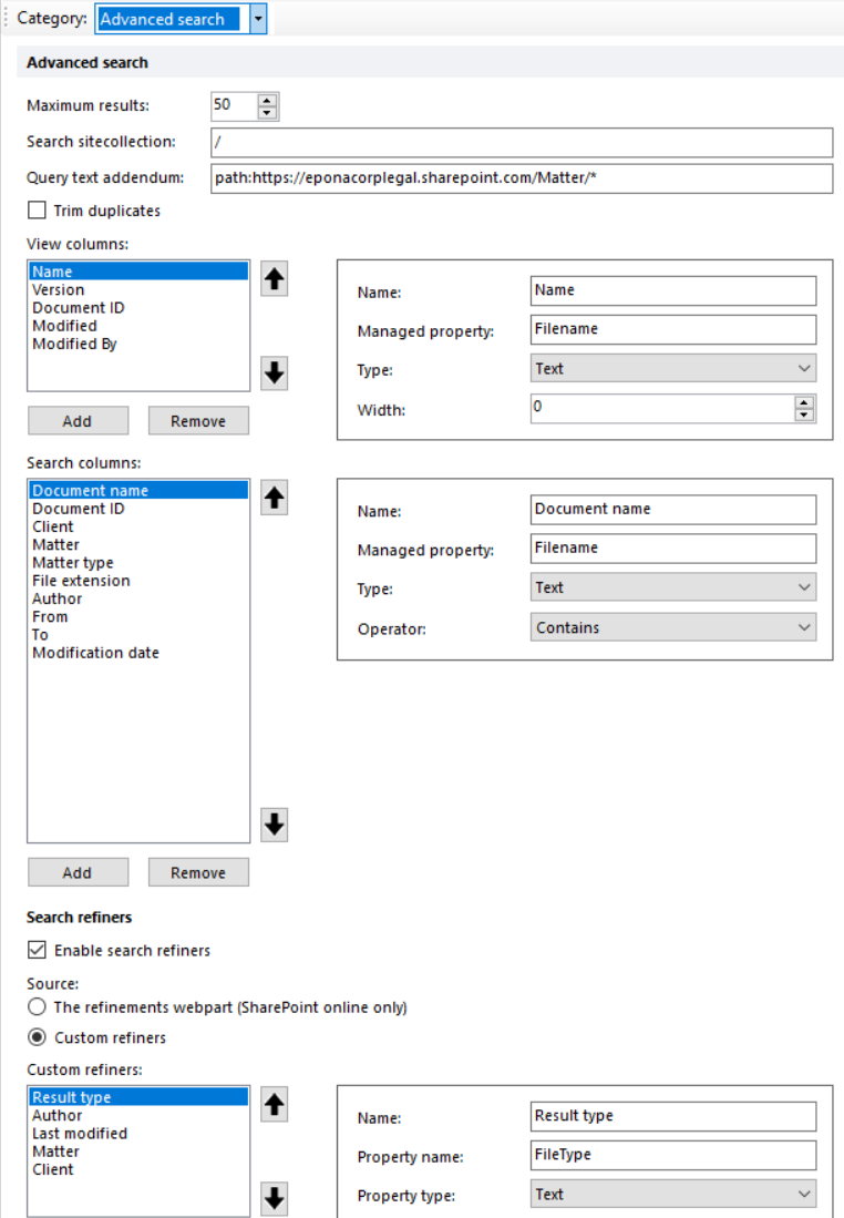 Settings Advanced Search