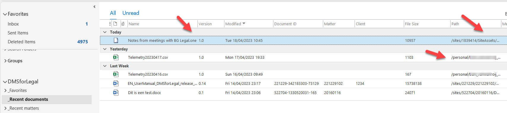 Recent documents from search with OneNote and OneDrive paths