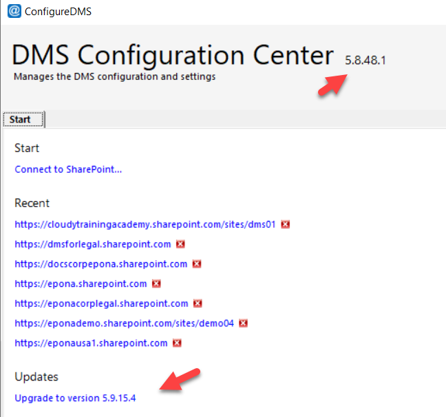 DMS Configuration Center warning that a new version is available