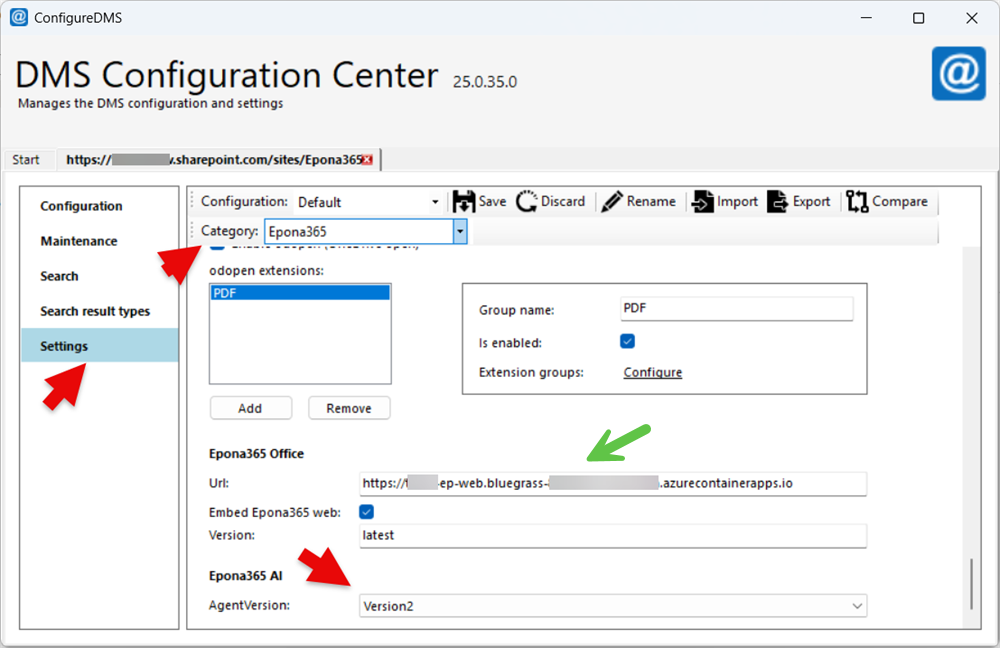 EnterEpona365OfficeSettingsInDMSConfig
