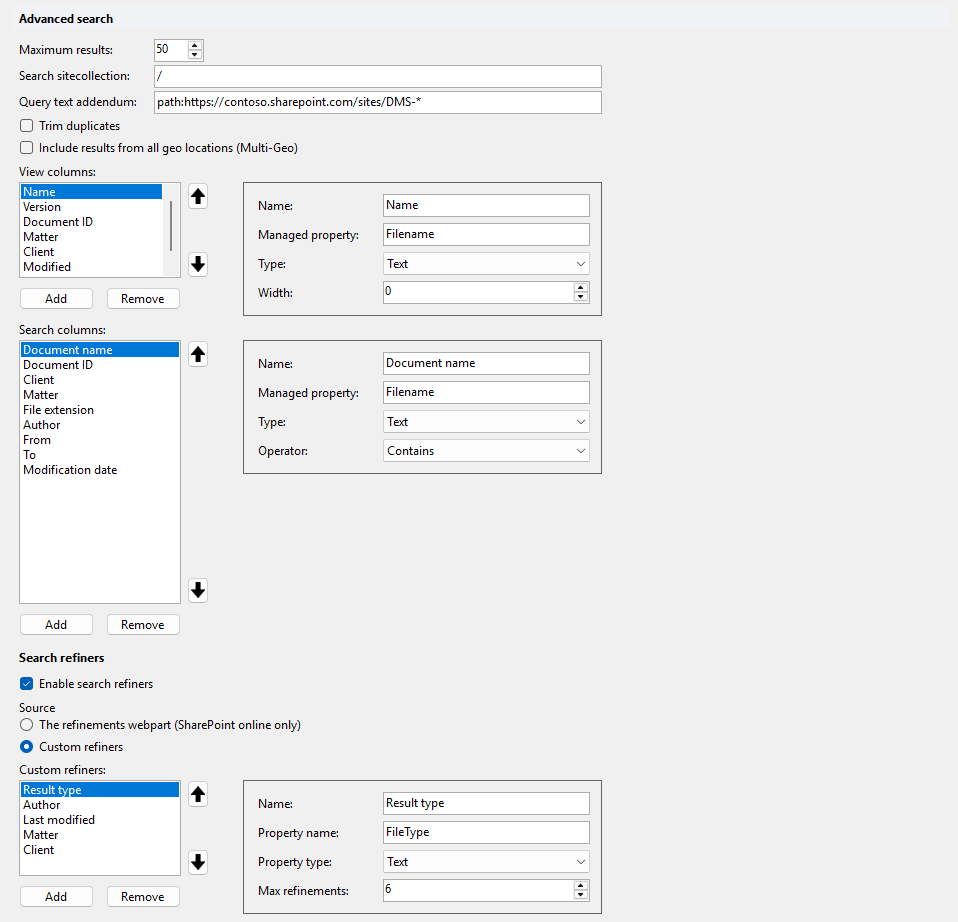 Advanced search settings