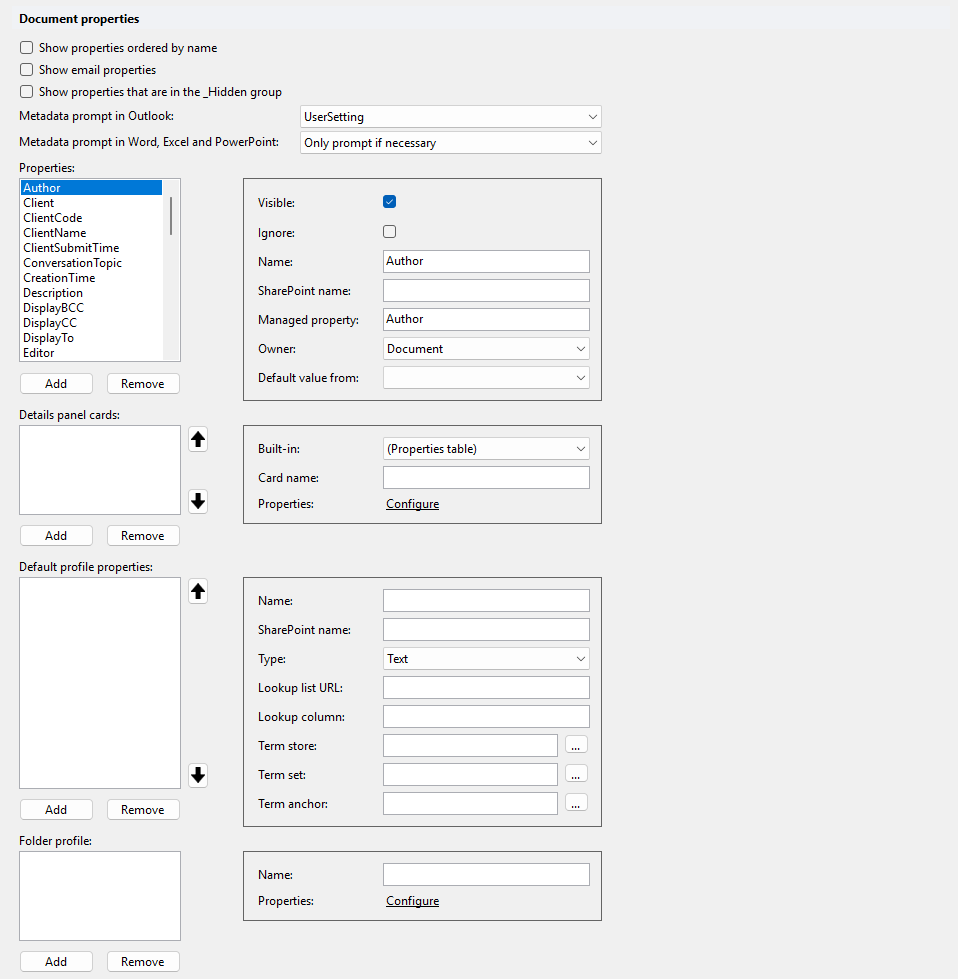 Document properties settings