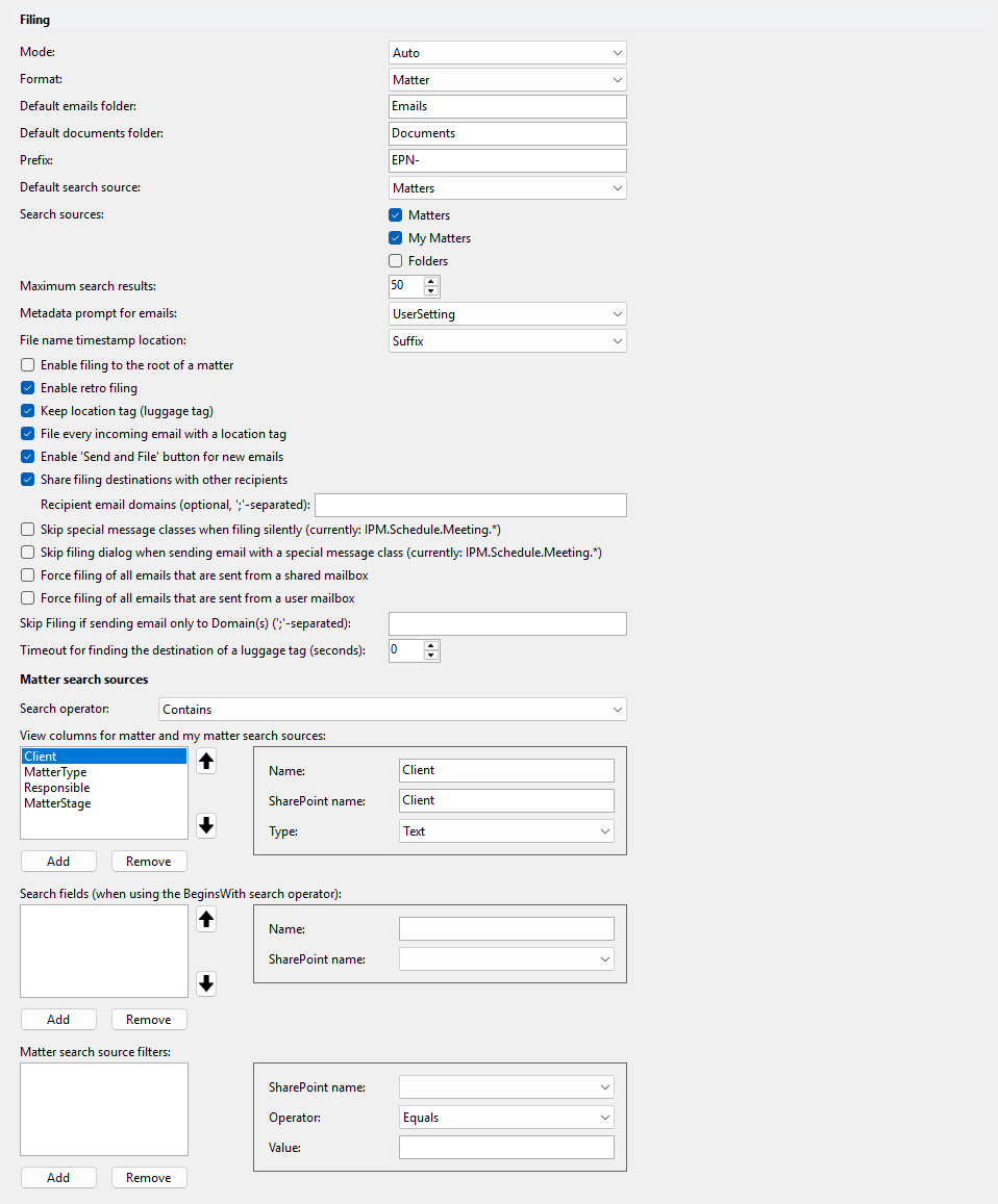 Filing settings