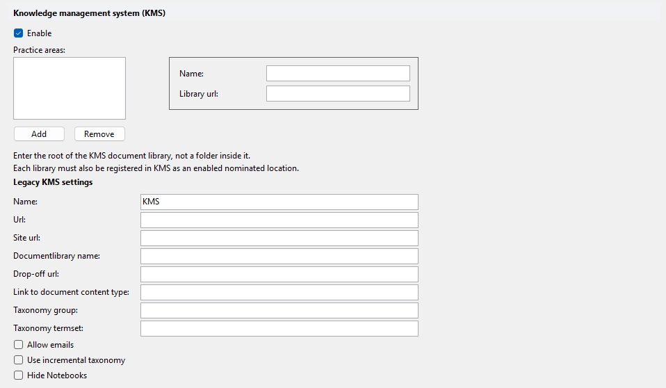 Knowledge management system (KMS) settings