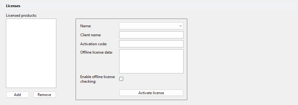 Licenses settings