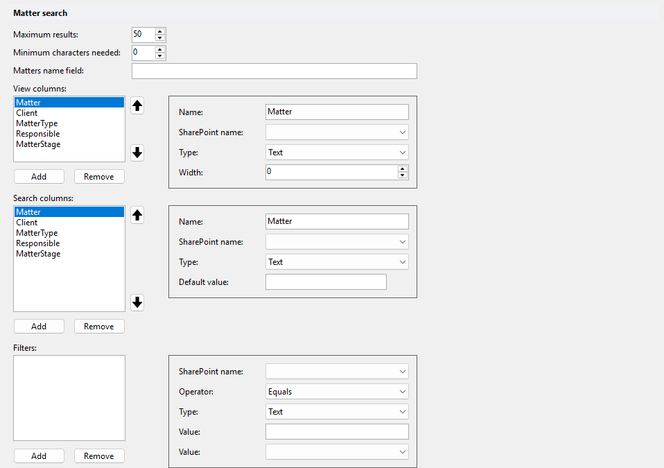 Matter search settings